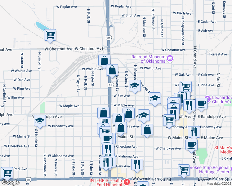 map of restaurants, bars, coffee shops, grocery stores, and more near 814 West Elm Avenue in Enid