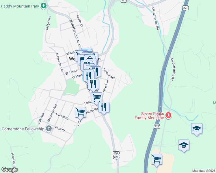 map of restaurants, bars, coffee shops, grocery stores, and more near 230 Hice Avenue in West Jefferson