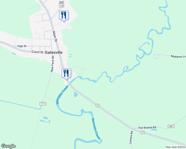 map of restaurants, bars, coffee shops, grocery stores, and more near Main Street in Gates County