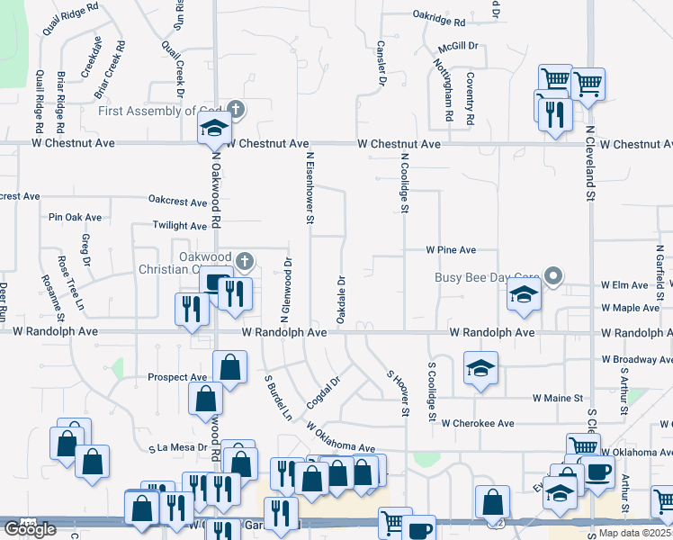 map of restaurants, bars, coffee shops, grocery stores, and more near 414 Oakdale Drive in Enid