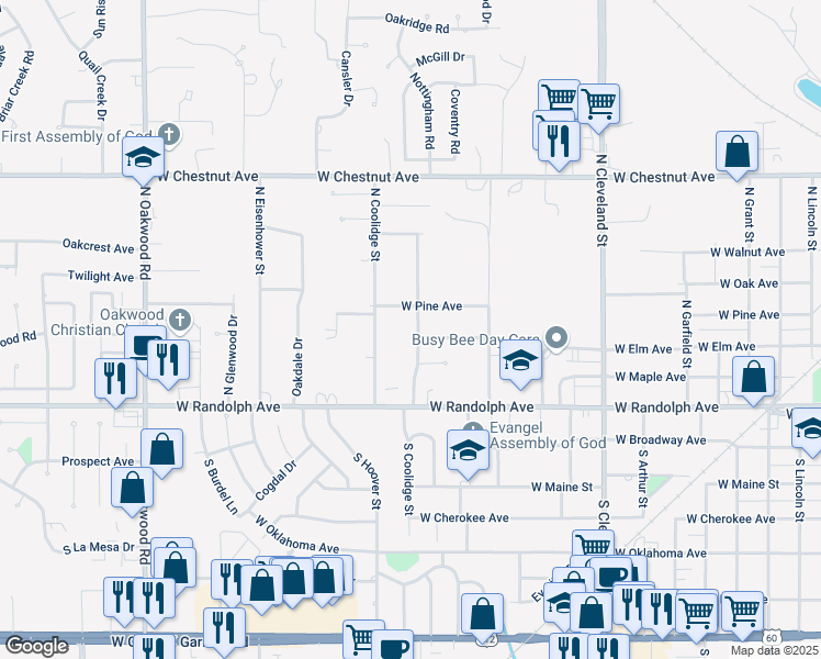 map of restaurants, bars, coffee shops, grocery stores, and more near 406 North Harding Street in Enid