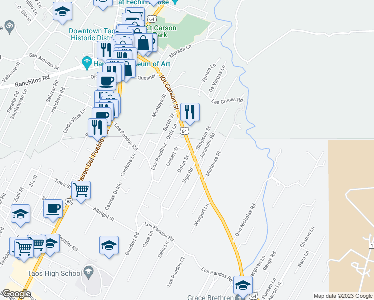 map of restaurants, bars, coffee shops, grocery stores, and more near in Taos