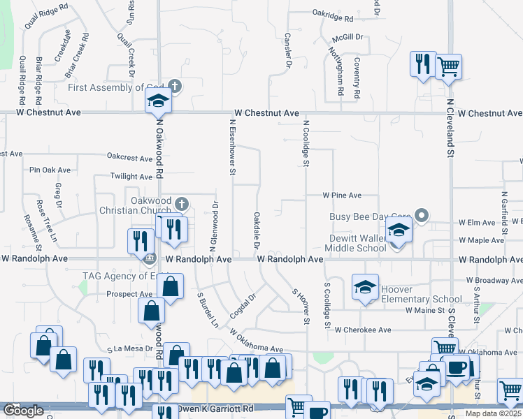 map of restaurants, bars, coffee shops, grocery stores, and more near 414 Oakdale Drive in Enid