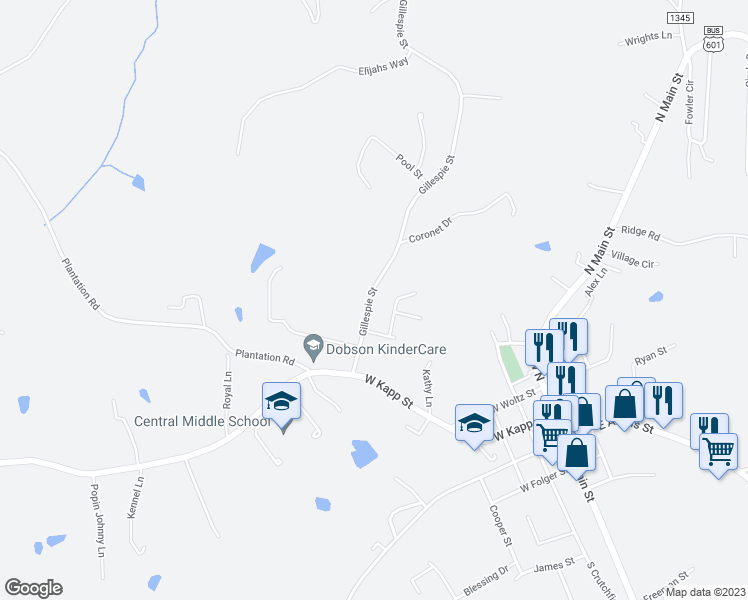 map of restaurants, bars, coffee shops, grocery stores, and more near 610 Gillespie Street in Dobson