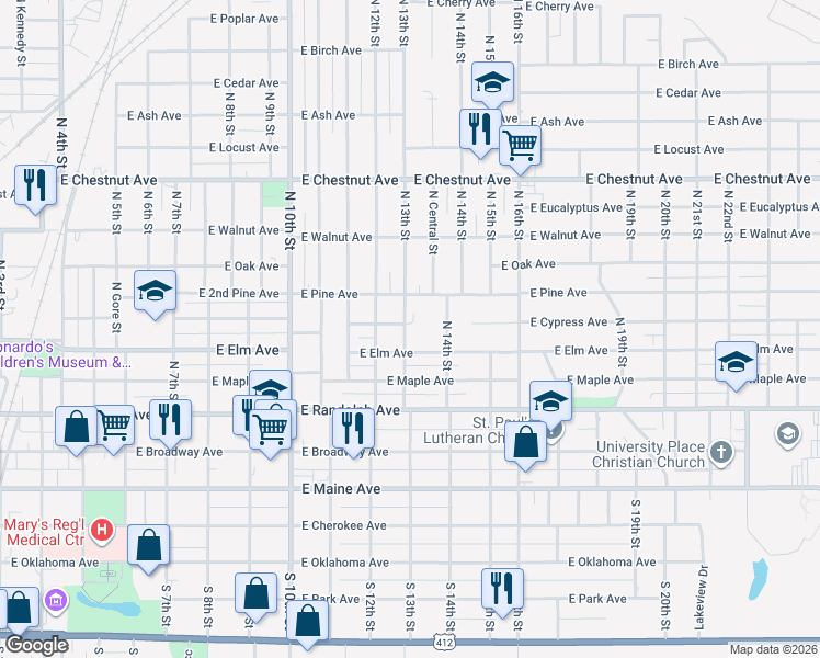 map of restaurants, bars, coffee shops, grocery stores, and more near 421 North 13th Street in Enid