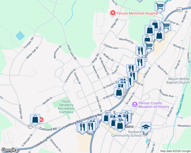 map of restaurants, bars, coffee shops, grocery stores, and more near 514 Chub Lake Street in Roxboro