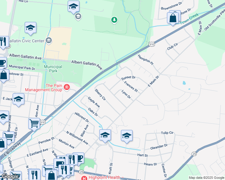 map of restaurants, bars, coffee shops, grocery stores, and more near 933 Sunset Drive in Gallatin