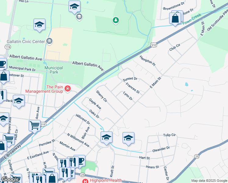 map of restaurants, bars, coffee shops, grocery stores, and more near 933 Sunset Drive in Gallatin