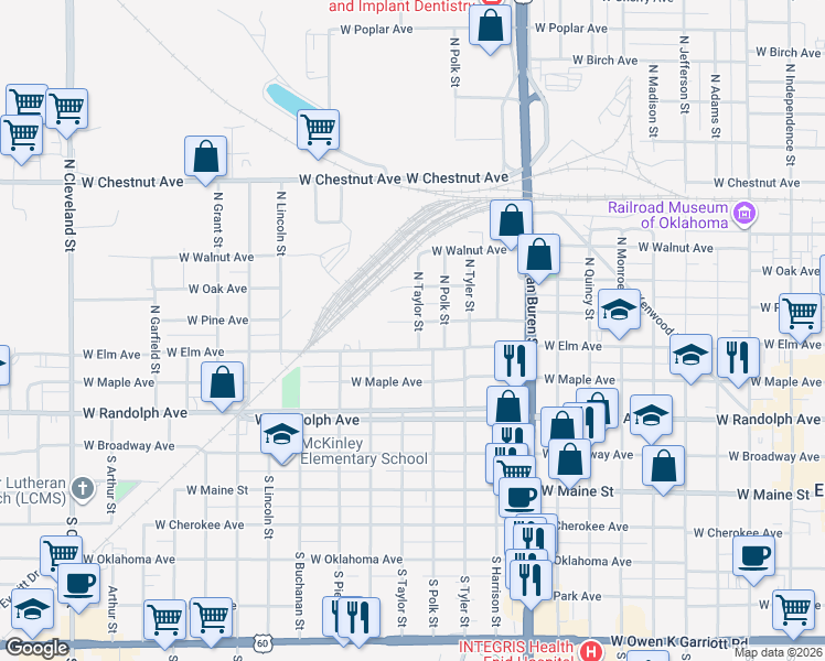 map of restaurants, bars, coffee shops, grocery stores, and more near 414 North Taylor Street in Enid