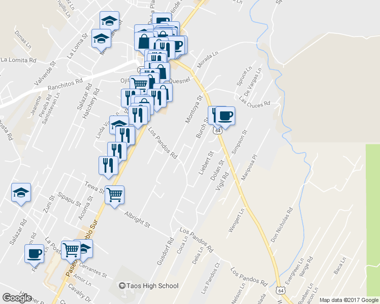map of restaurants, bars, coffee shops, grocery stores, and more near 416 Burch Street in Taos