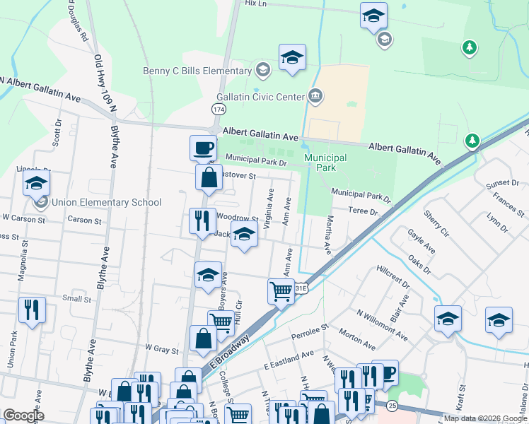 map of restaurants, bars, coffee shops, grocery stores, and more near 716 Virginia Avenue in Gallatin