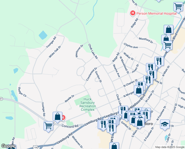 map of restaurants, bars, coffee shops, grocery stores, and more near 212 Crestwood Drive in Roxboro