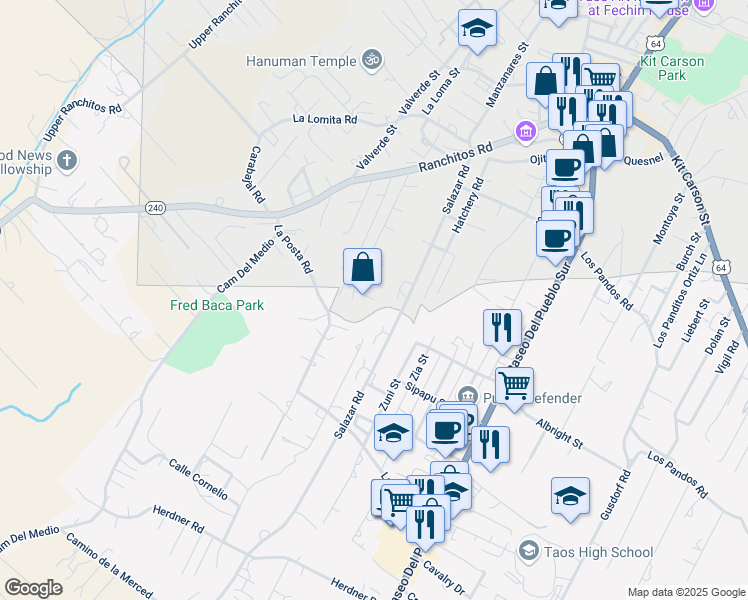 map of restaurants, bars, coffee shops, grocery stores, and more near 333 Santistevan Street in Taos