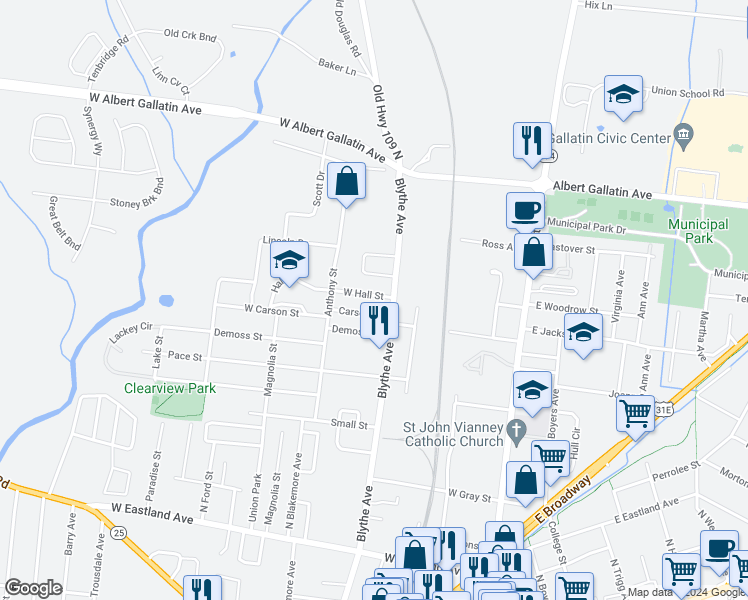 map of restaurants, bars, coffee shops, grocery stores, and more near 425 Hall Street in Gallatin