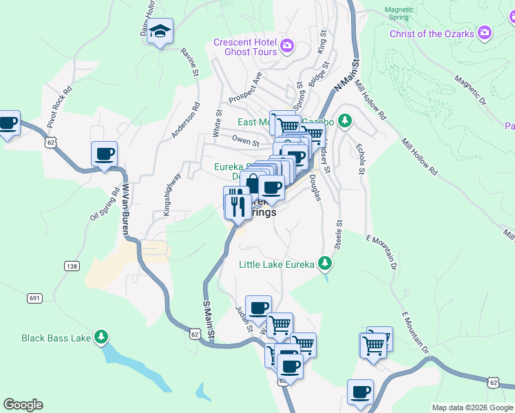 map of restaurants, bars, coffee shops, grocery stores, and more near in Eureka Springs