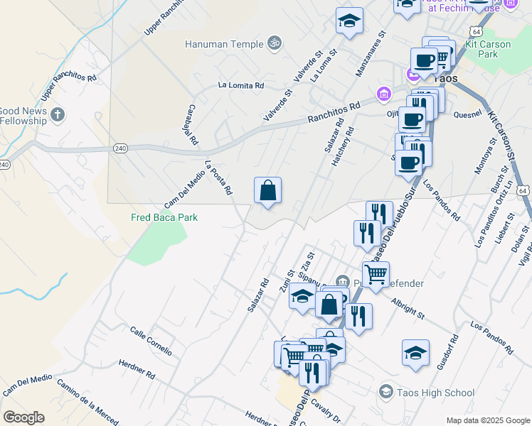 map of restaurants, bars, coffee shops, grocery stores, and more near 333 Santistevan Street in Taos