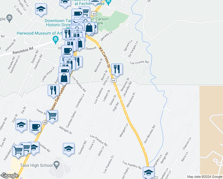 map of restaurants, bars, coffee shops, grocery stores, and more near 408 Liebert Street in Taos