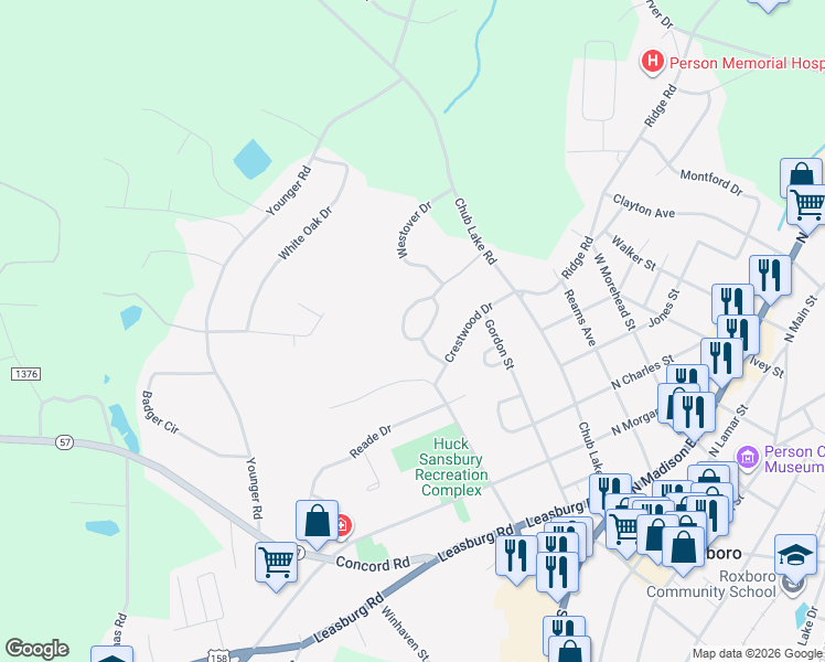 map of restaurants, bars, coffee shops, grocery stores, and more near 501 Westover Drive in Roxboro