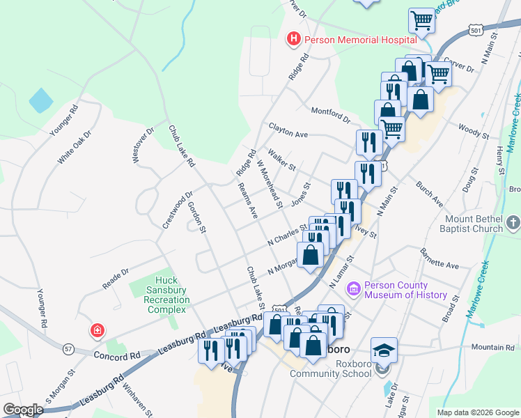 map of restaurants, bars, coffee shops, grocery stores, and more near 508 Reams Avenue in Roxboro