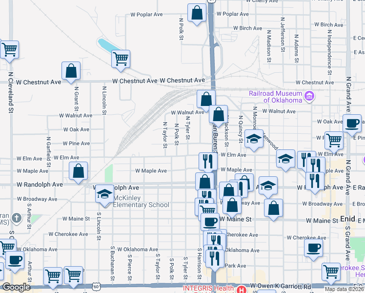 map of restaurants, bars, coffee shops, grocery stores, and more near 1209 West Pine Avenue in Enid