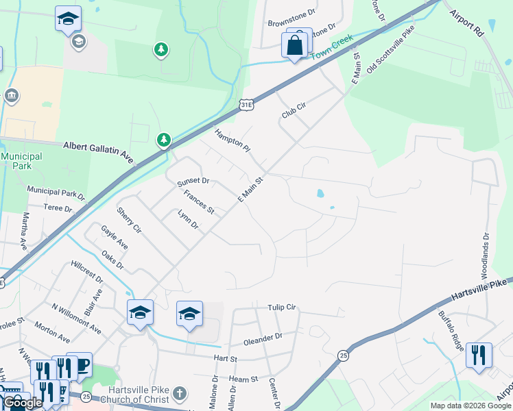 map of restaurants, bars, coffee shops, grocery stores, and more near 843-845 East Main Street in Gallatin