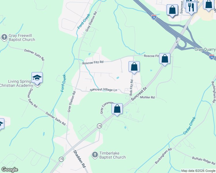 map of restaurants, bars, coffee shops, grocery stores, and more near 2224 Suncrest Village Lane in Gray