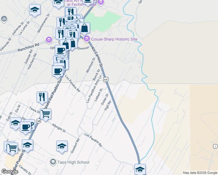 map of restaurants, bars, coffee shops, grocery stores, and more near in Taos
