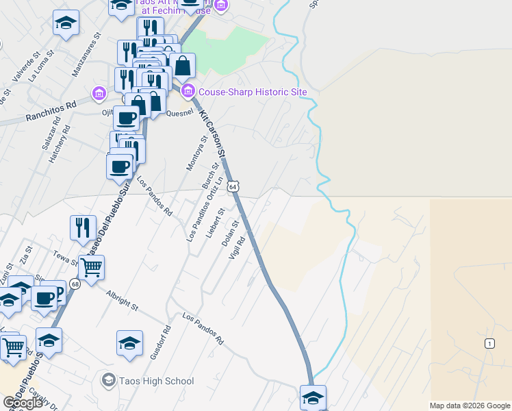 map of restaurants, bars, coffee shops, grocery stores, and more near 201-249 Simpson Street in Taos
