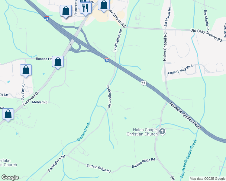 map of restaurants, bars, coffee shops, grocery stores, and more near 242 Buckingham Road in Johnson City