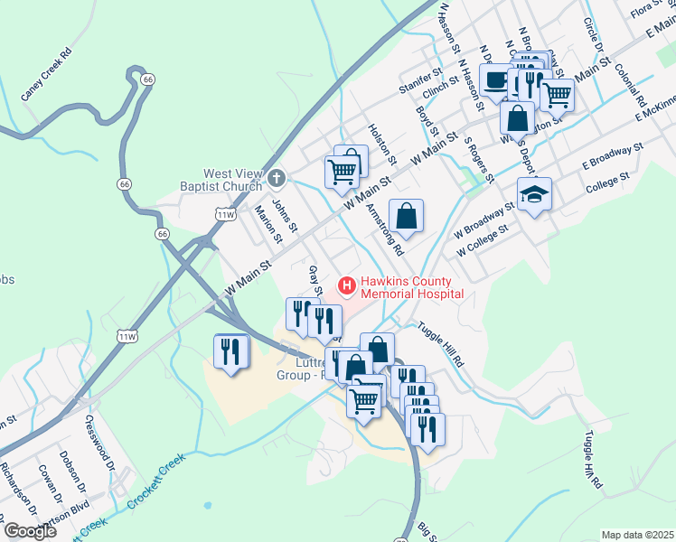 map of restaurants, bars, coffee shops, grocery stores, and more near 306 Scenic Drive in Rogersville