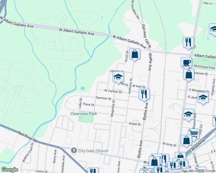 map of restaurants, bars, coffee shops, grocery stores, and more near 727 Lincoln Drive in Gallatin