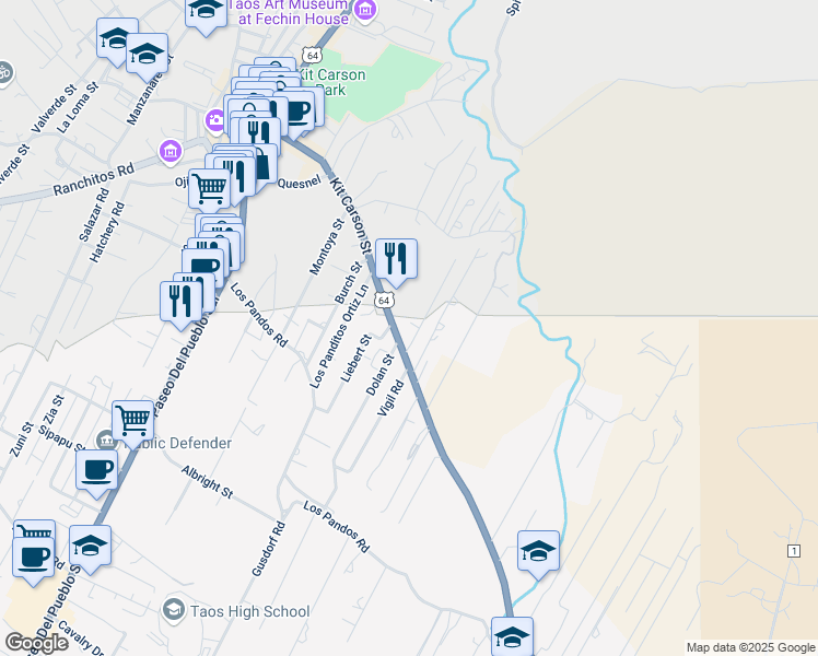map of restaurants, bars, coffee shops, grocery stores, and more near 201-249 Simpson Street in Taos