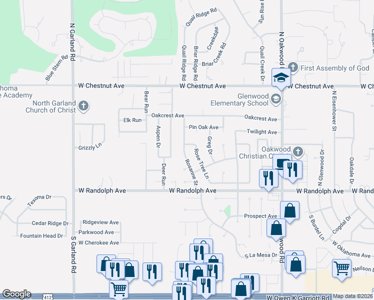 map of restaurants, bars, coffee shops, grocery stores, and more near 420 Rose Tree Lane in Enid