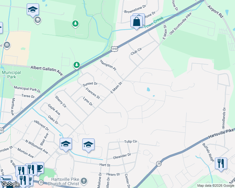 map of restaurants, bars, coffee shops, grocery stores, and more near 843-845 East Main Street in Gallatin