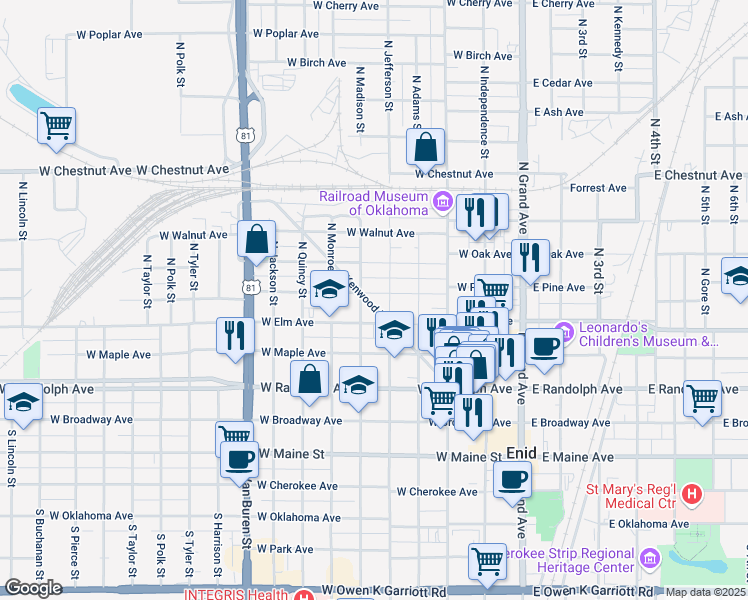 map of restaurants, bars, coffee shops, grocery stores, and more near 420 West Elm Avenue in Enid