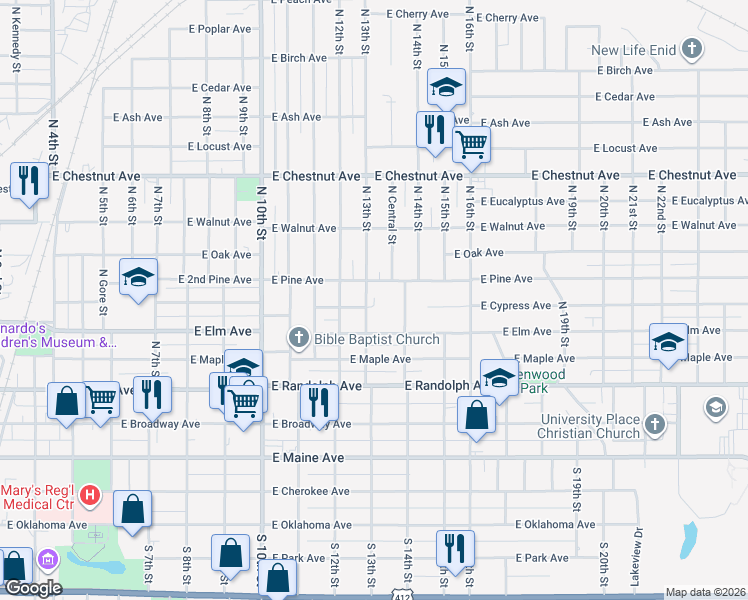 map of restaurants, bars, coffee shops, grocery stores, and more near 1306 East Cypress Avenue in Enid