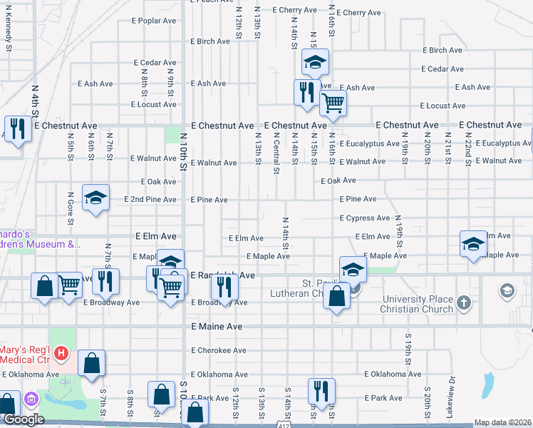 map of restaurants, bars, coffee shops, grocery stores, and more near 421 North 13th Street in Enid