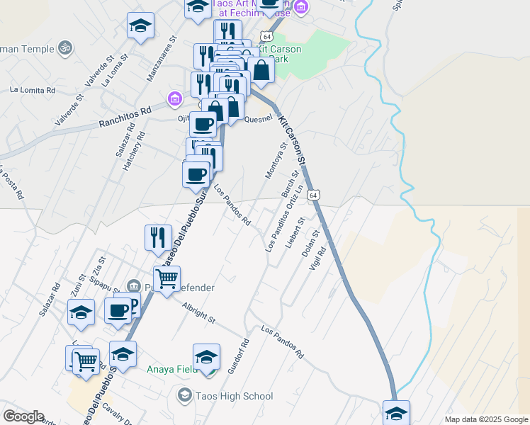 map of restaurants, bars, coffee shops, grocery stores, and more near 416 Burch Street in Taos