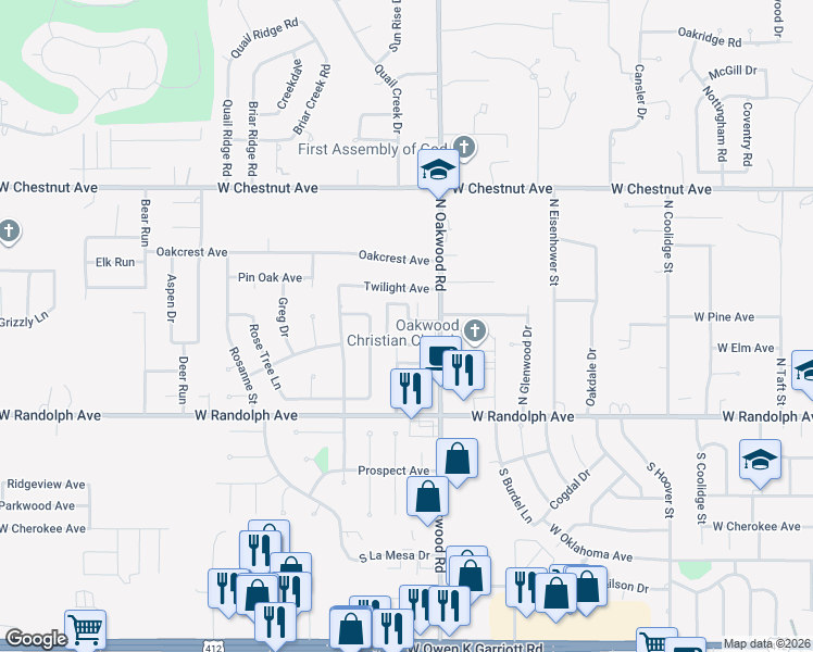 map of restaurants, bars, coffee shops, grocery stores, and more near 408 North Oakwood Road in Enid