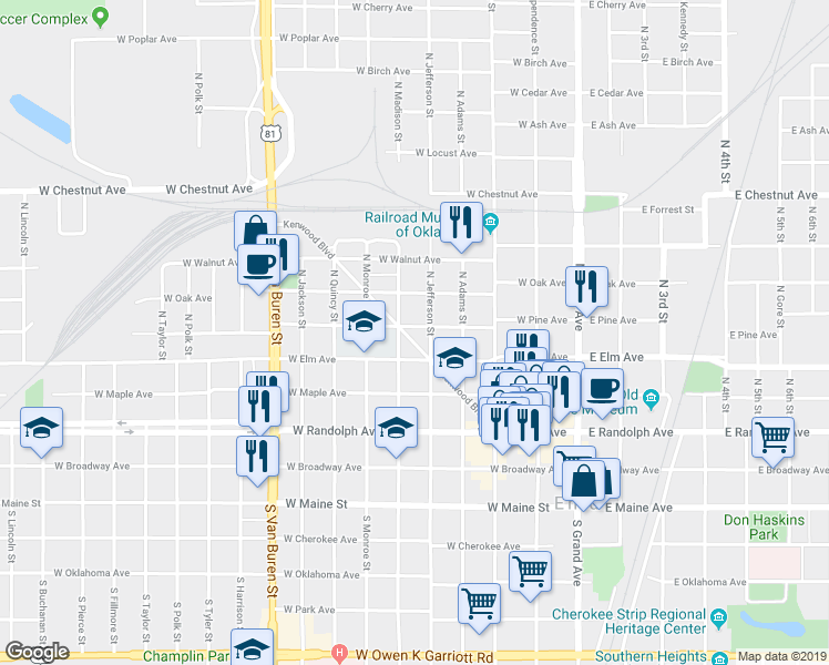 map of restaurants, bars, coffee shops, grocery stores, and more near 415 Kenwood Boulevard in Enid