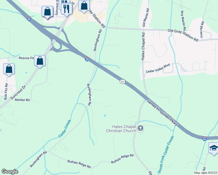 map of restaurants, bars, coffee shops, grocery stores, and more near 242 Buckingham Road in Johnson City