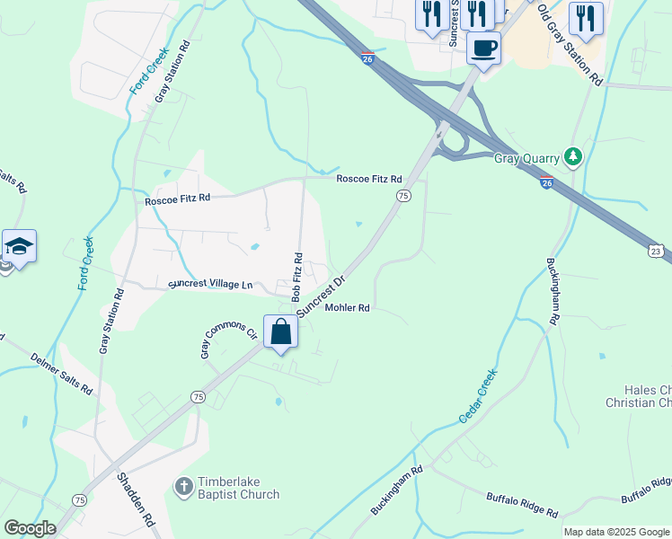 map of restaurants, bars, coffee shops, grocery stores, and more near 132 Tri-City Business Park Drive in Johnson City
