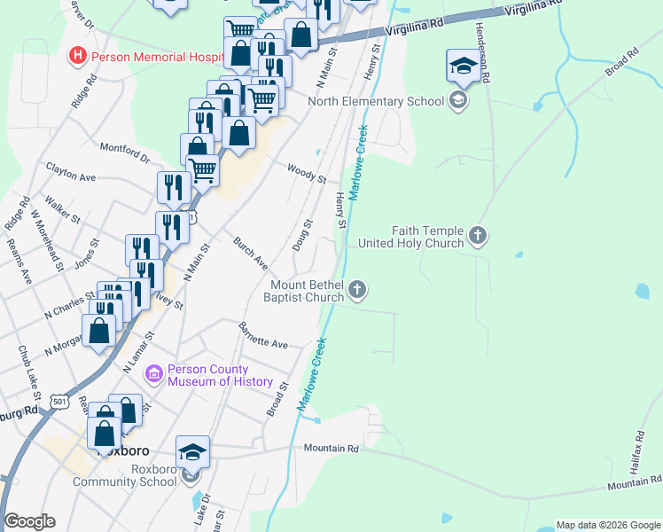 map of restaurants, bars, coffee shops, grocery stores, and more near 511 Broad Street in Roxboro