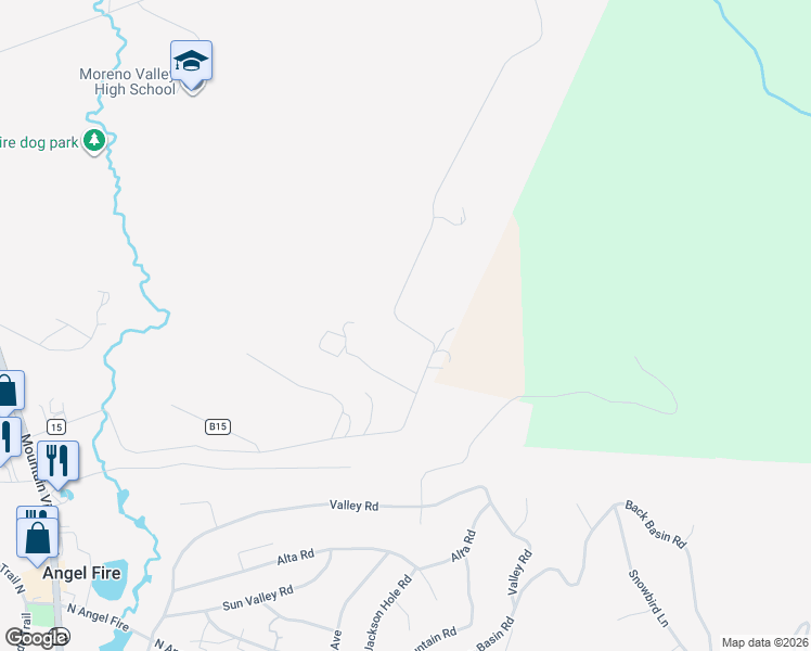 map of restaurants, bars, coffee shops, grocery stores, and more near Buckskin Road in Angel Fire