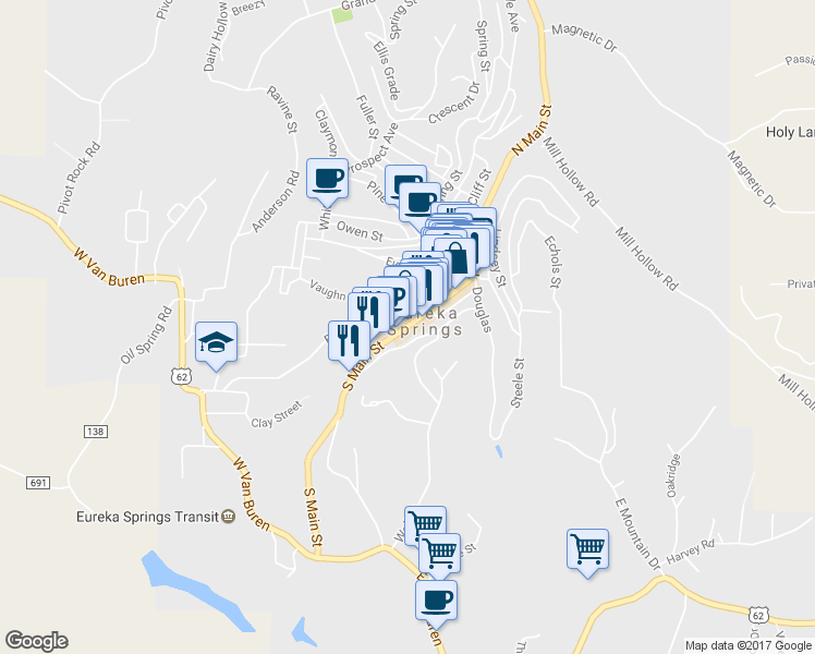 map of restaurants, bars, coffee shops, grocery stores, and more near 8 South Main Street in Eureka Springs