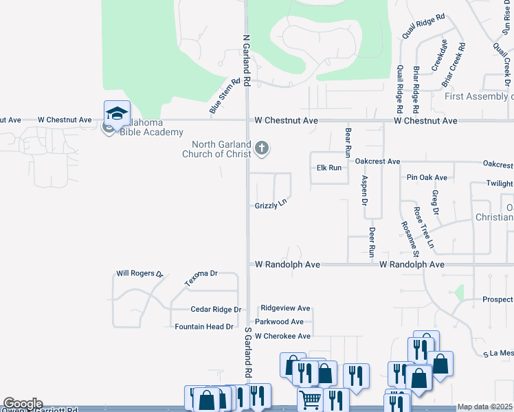 map of restaurants, bars, coffee shops, grocery stores, and more near 5309 Grizzly Lane in Enid