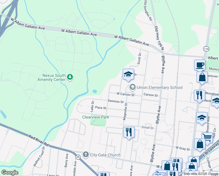 map of restaurants, bars, coffee shops, grocery stores, and more near Dirt Road in Gallatin