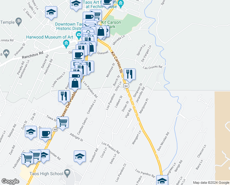 map of restaurants, bars, coffee shops, grocery stores, and more near Los Panditos in Taos