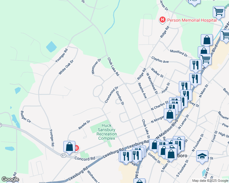 map of restaurants, bars, coffee shops, grocery stores, and more near 212 Crestwood Drive in Roxboro