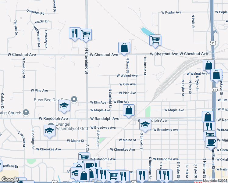 map of restaurants, bars, coffee shops, grocery stores, and more near 2116 West Pine Avenue in Enid